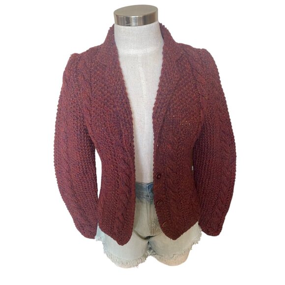 Carlisle Made In Italy Wool Cable Knit Cardigan Sweater In Burgundy - Picture 2 of 6